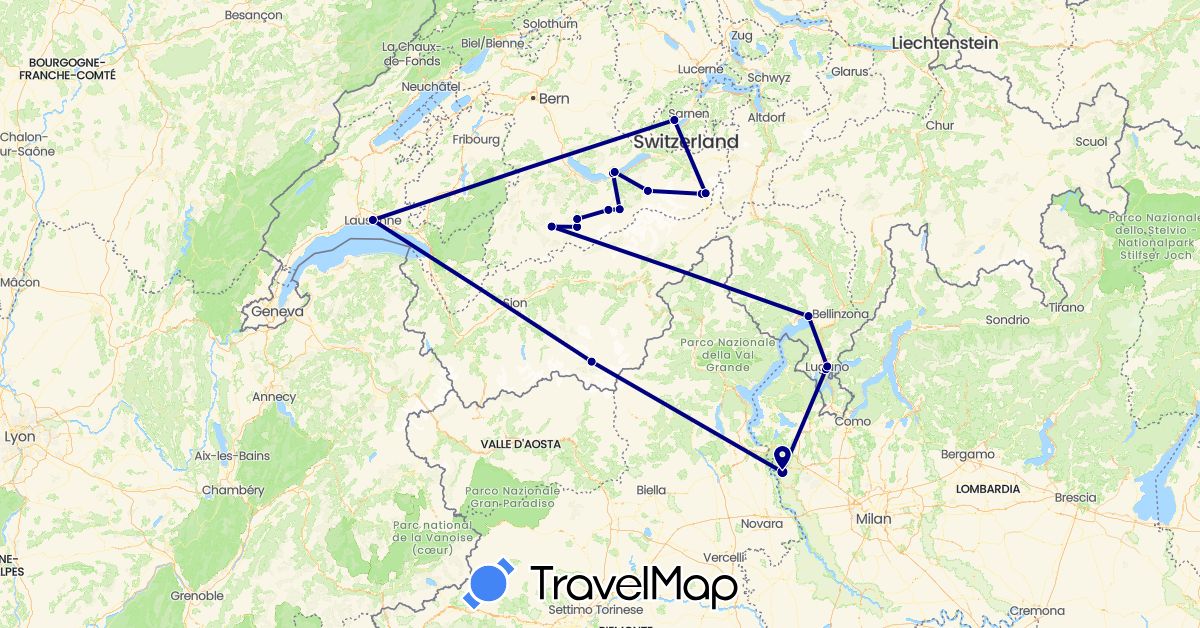 TravelMap itinerary: driving in Switzerland, Italy (Europe)